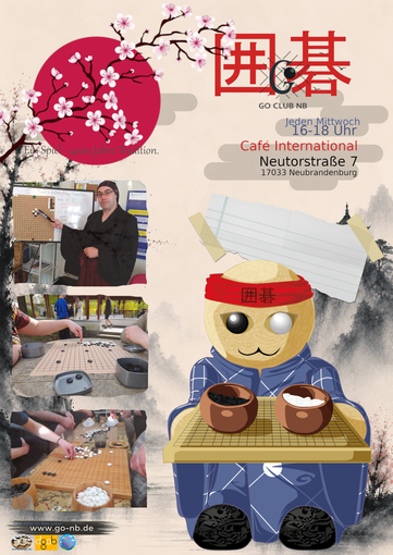 Veranstaltungsplakat im japanischen Stil mit Kirschblüten, Anime-Figuren und einer kleinen Fotocollage auf beigem Hintergrund