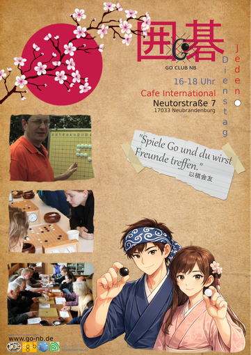 Veranstaltungsflyer für einen Go-Club mit einer stilisierten Illustration, Fotos von spielenden Personen und Veranstaltungsdetails auf braunem Hintergrund.