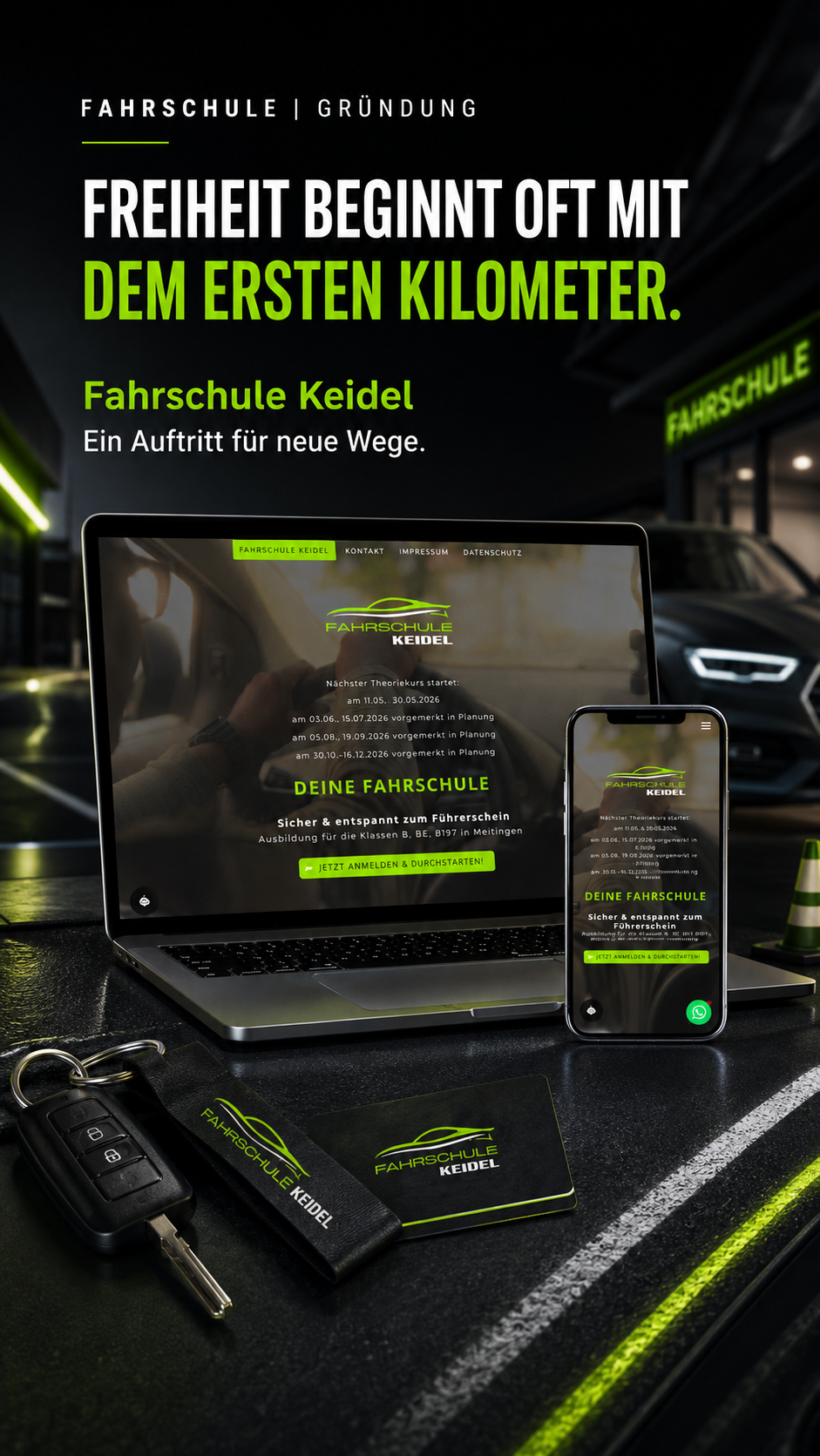 Webdesign für eine Fahrschule mit responsiver Website auf Laptop und Smartphone.