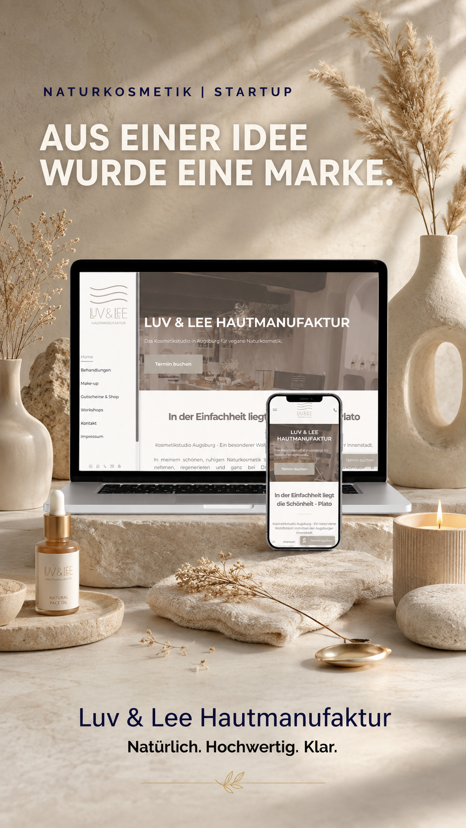 Premium-Webdesign für vegane Naturkosmetik und Kosmetikbehandlungen mit responsiver Website.
