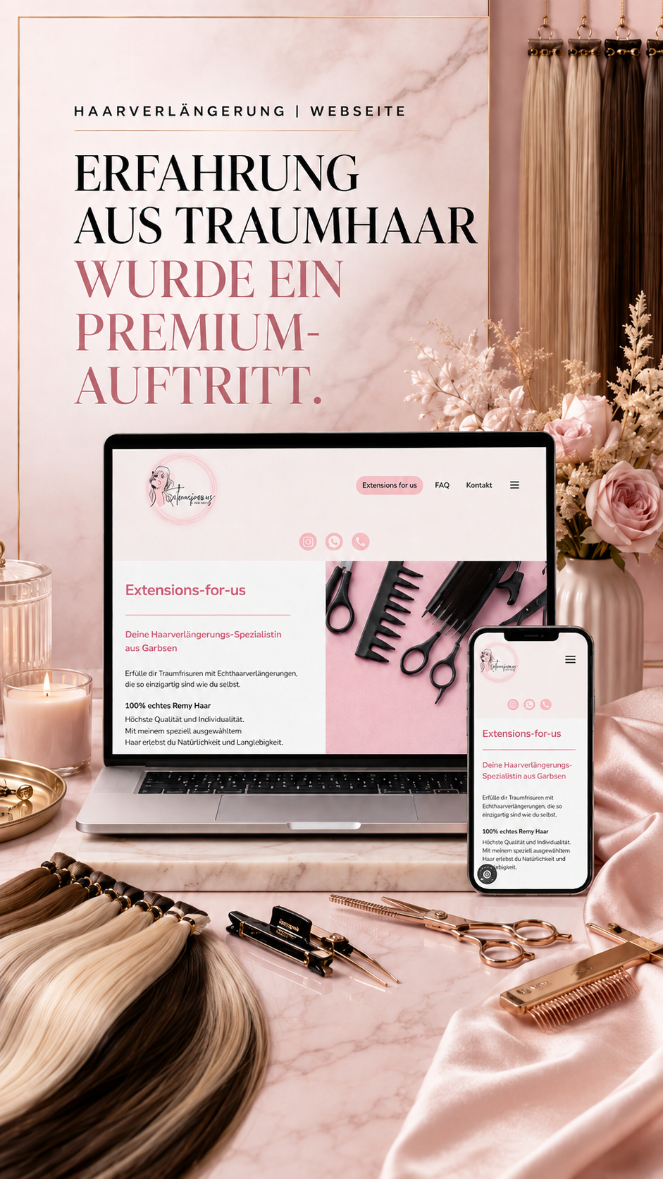 Modernes Webdesign für Haarverlängerung und Extensions auf Laptop und Smartphone.