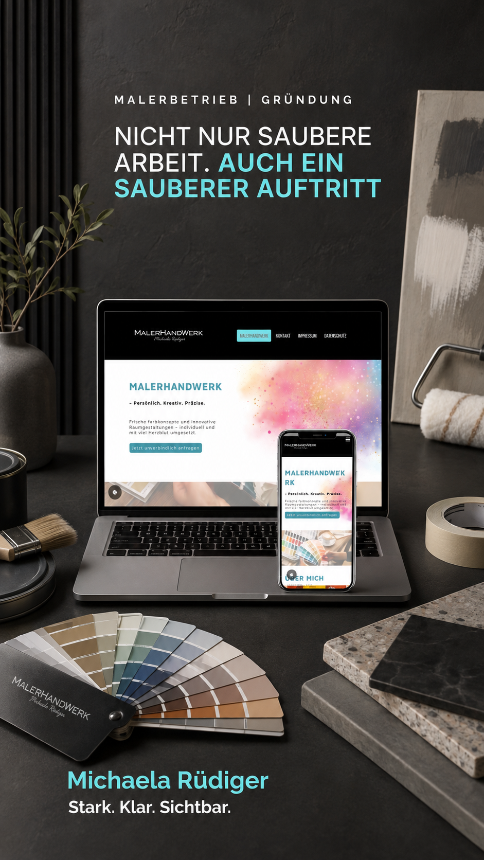 Malerhandwerk Michaela Rüdiger
Modernes Webdesign für einen Malerbetrieb mit Desktop- und Mobilansicht.