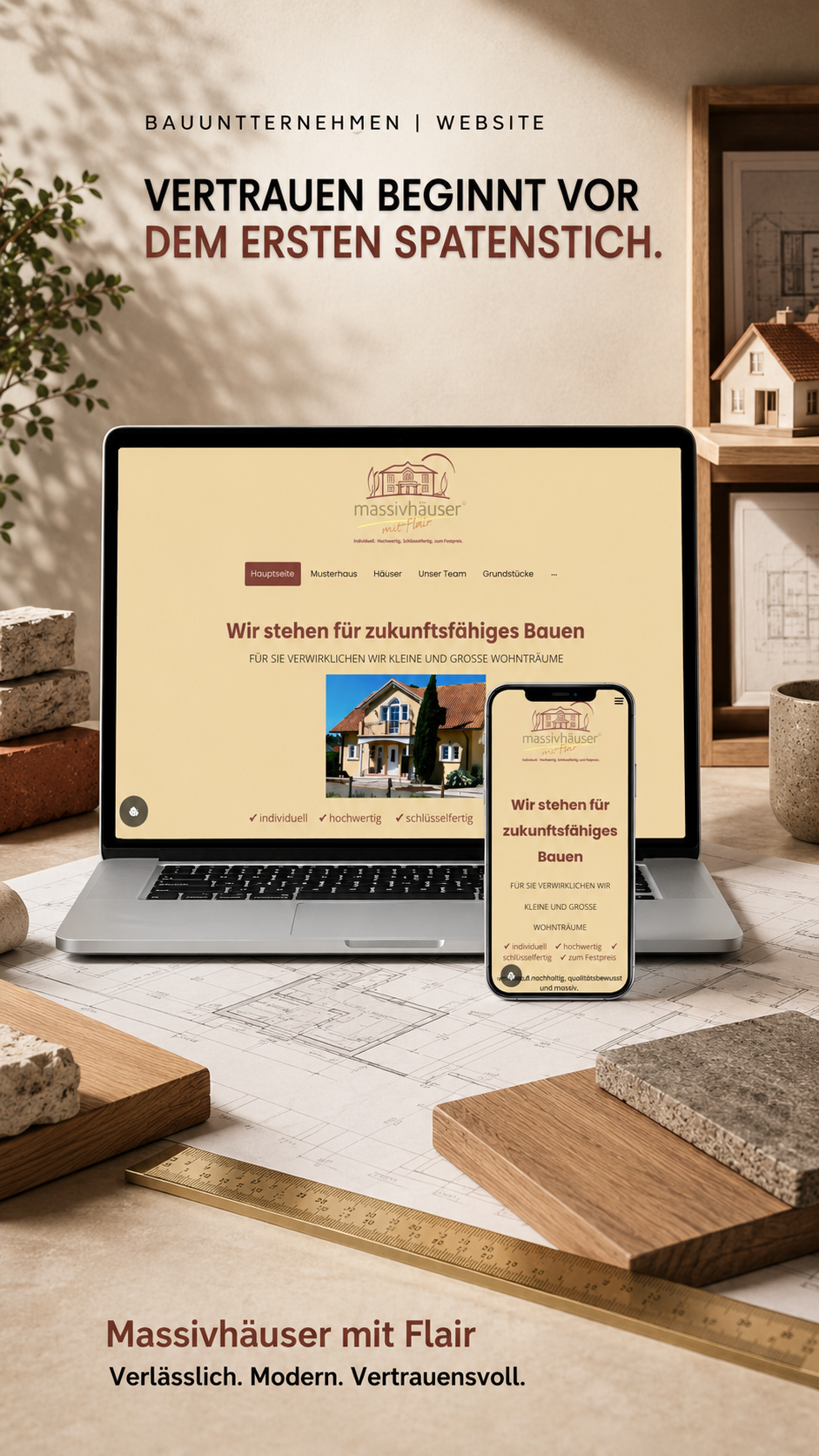 Webdesign für ein Bauunternehmen und schlüsselfertige Massivhäuser mit responsiver Darstellung.