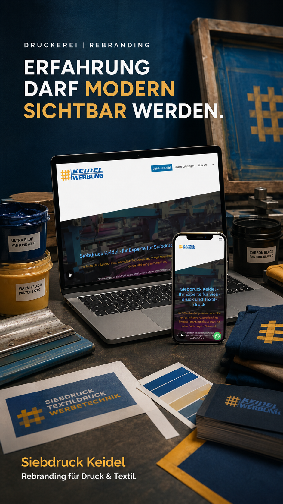 Webdesign und Rebranding für eine Druckerei und Textilveredelung auf Laptop und Smartphone.