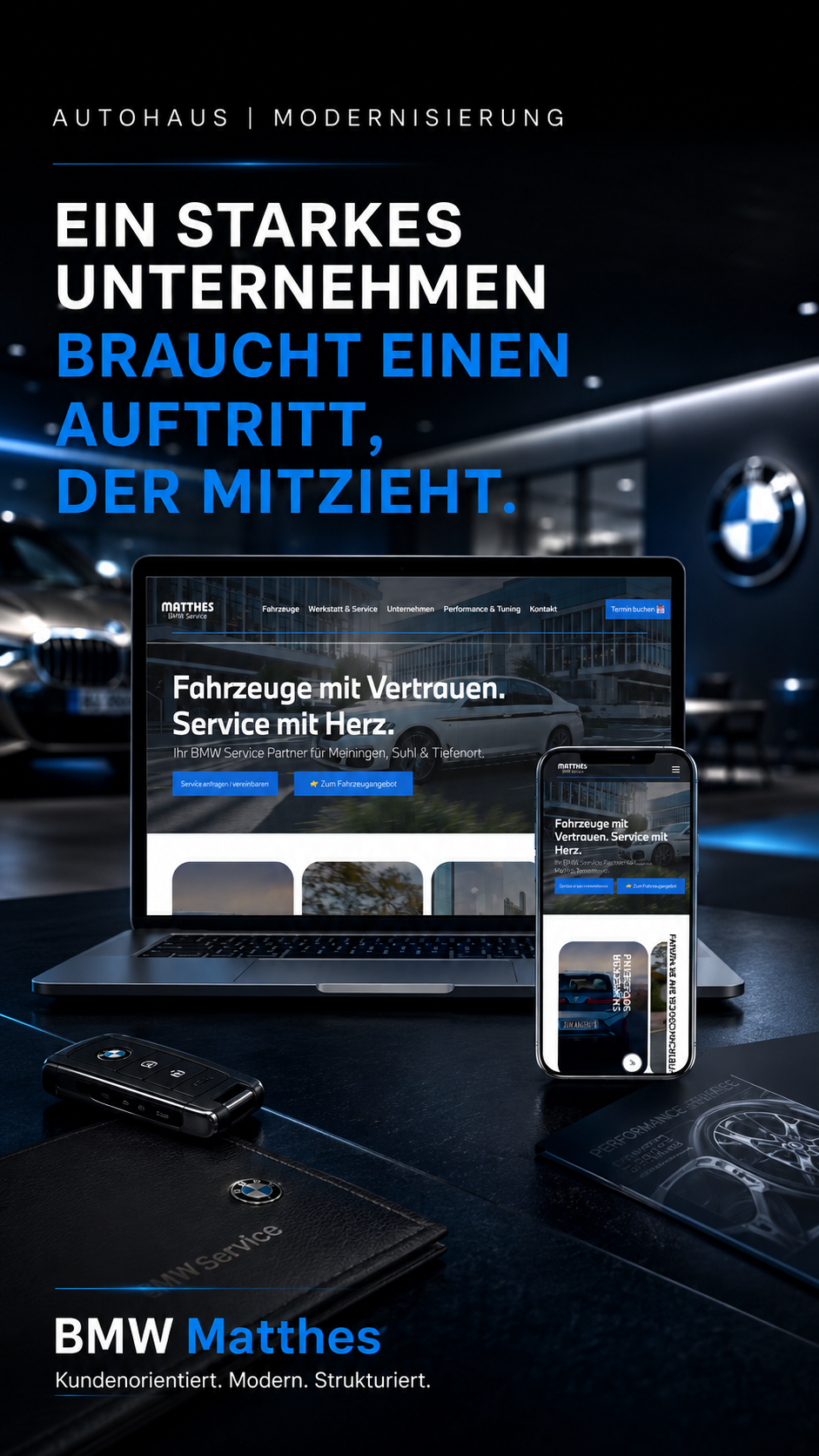 Modernes Webdesign für einen BMW-Servicebetrieb mit Desktop- und Mobilansicht.