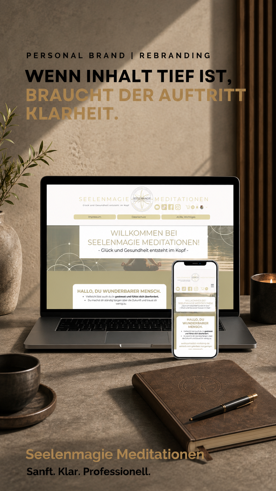 Webdesign und Rebranding für Meditationen und mentale Gesundheit auf Laptop und Smartphone.