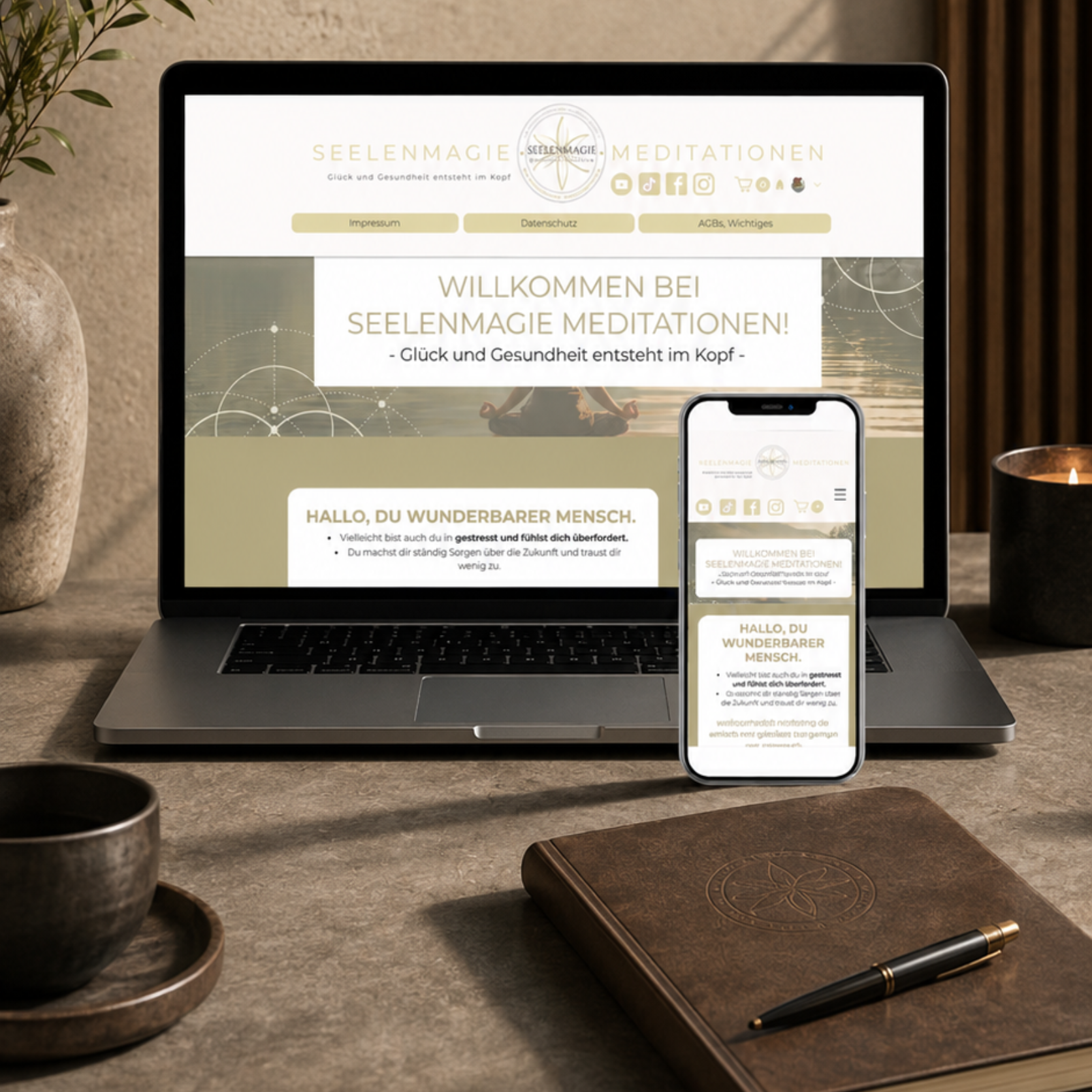 Webdesign und Rebranding für Meditationen und mentale Gesundheit auf Laptop und Smartphone.