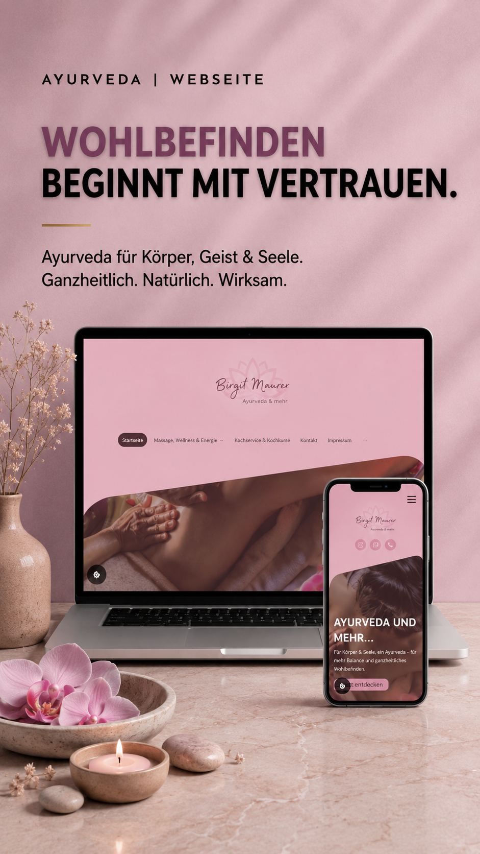 Webdesign für Ayurveda, Massage und ganzheitliches Wohlbefinden mit responsiver Darstellung.