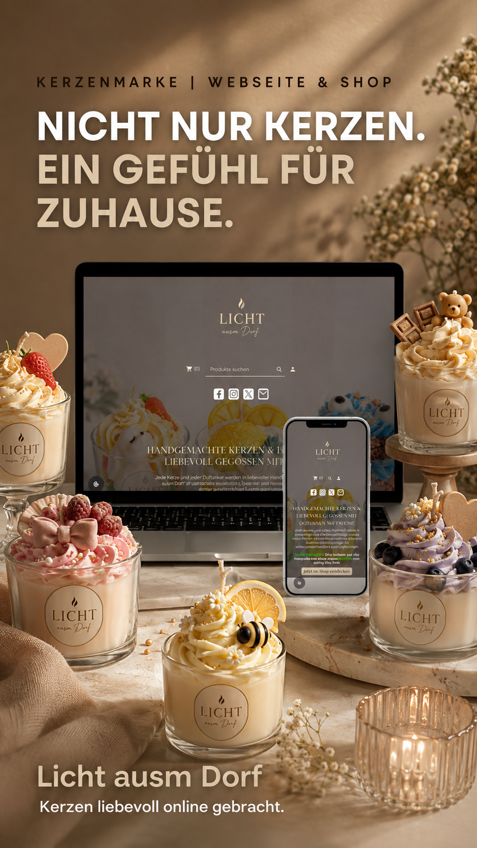 Webdesign und Onlineshop für handgefertigte Duftkerzen und dekorative Kerzen.
