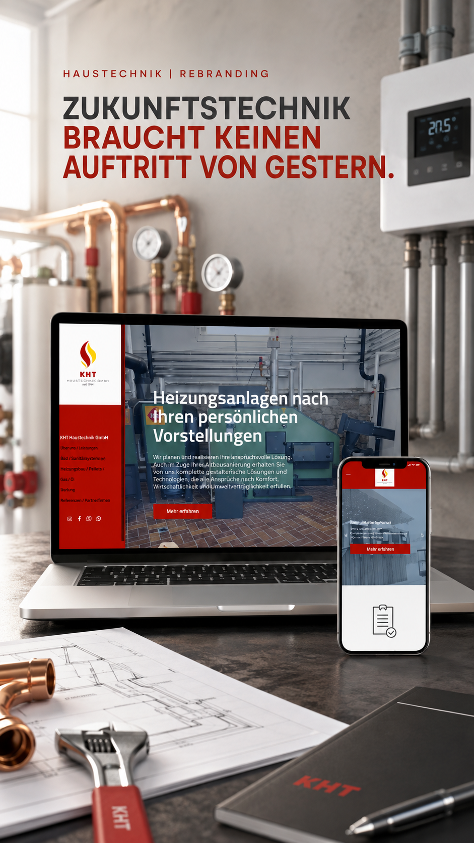 Modernes Webdesign für einen Haustechnikbetrieb mit responsiver Website auf Laptop und Smartphone.