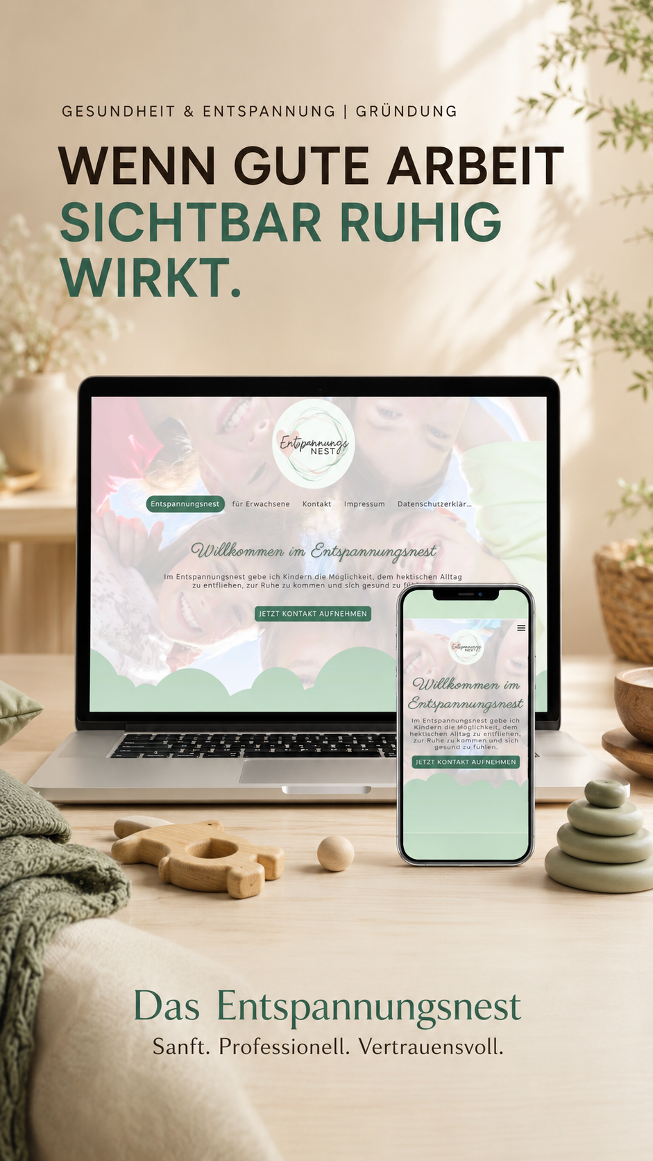 Webdesign für Entspannungs- und Gesundheitsangebote für Kinder mit Desktop- und Mobilansicht.