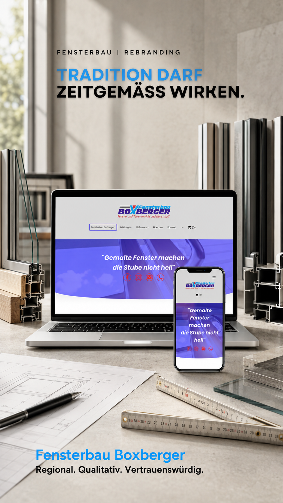Webdesign und Rebranding für einen Fensterbaubetrieb auf Laptop und Smartphone.