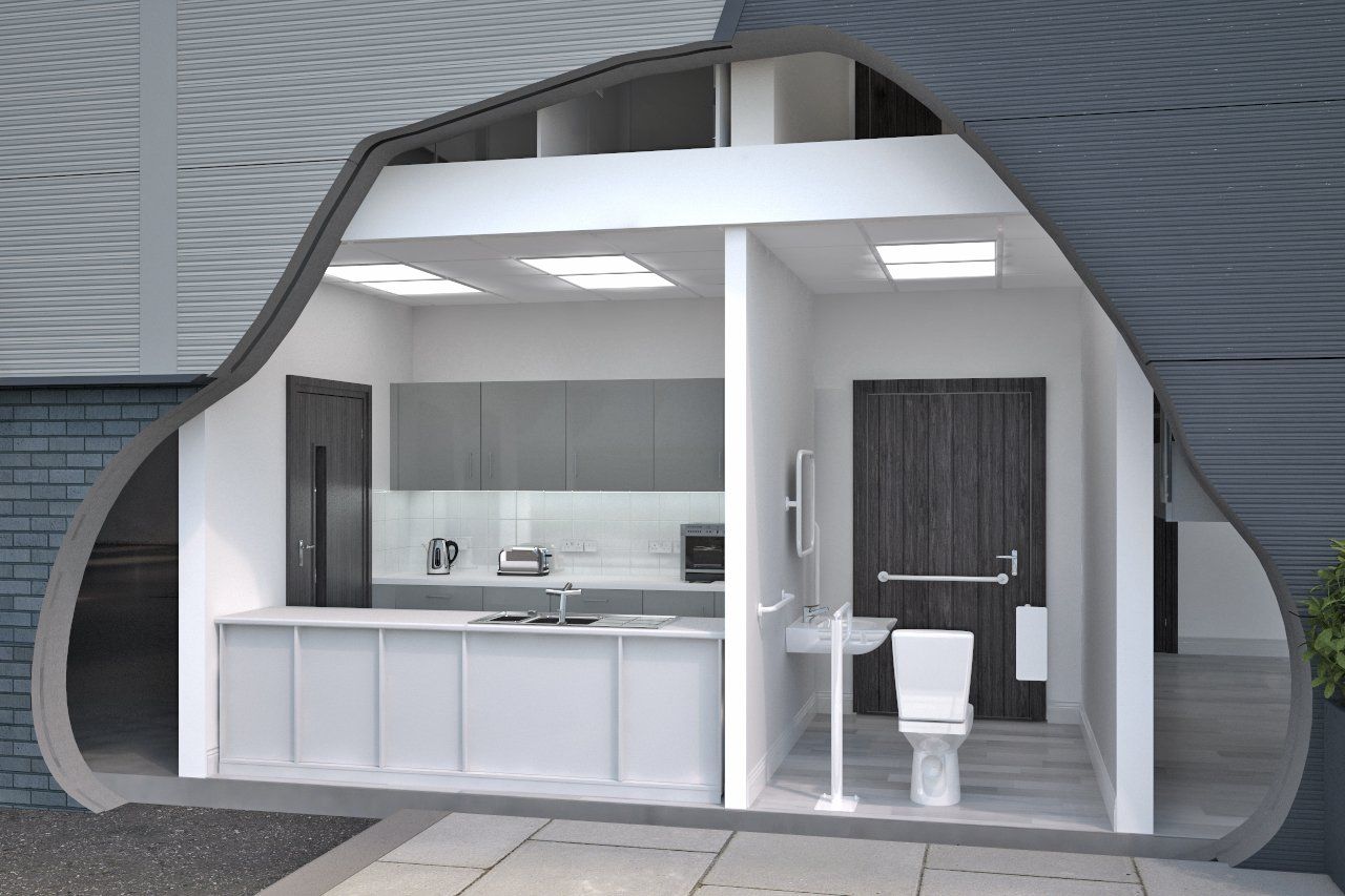 3d visual Warehouse kitchen and reception area toilet