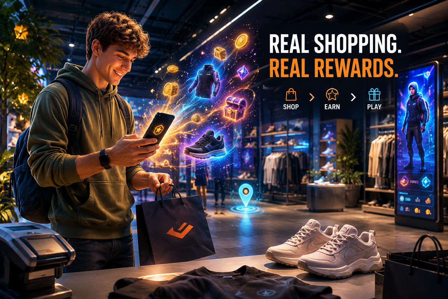Spieler nutzt Mobile Gaming um stationären Store zu entdecken und erhält digitale Belohnungen