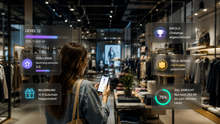 Gamification im Einzelhandel: Kundin nutzt eine mobile App im Store und erhält digitale Belohnungen, Fortschritt und Challenges.