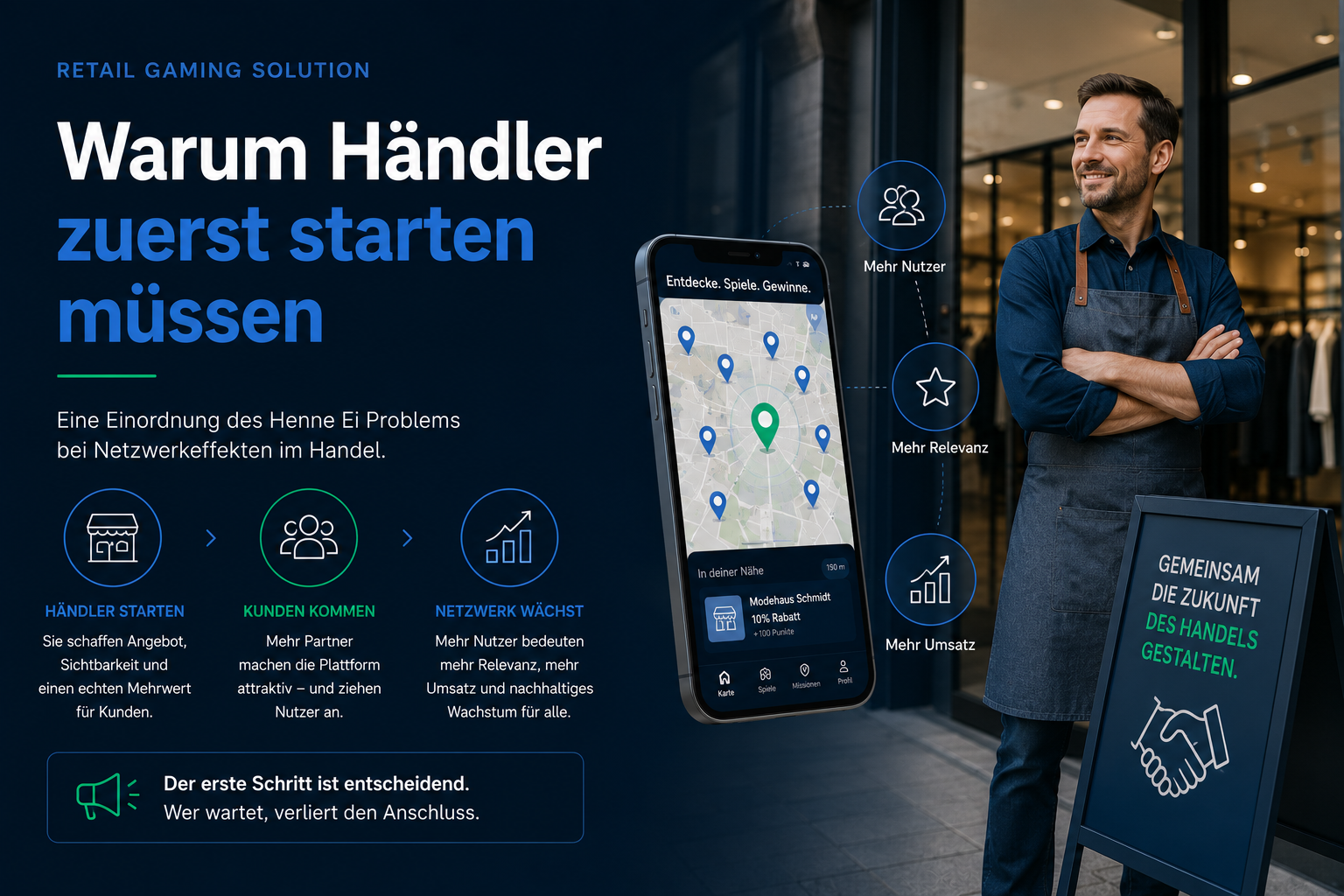 Illustration Henne Ei Problem im Handel mit Händler, Retail App und Netzwerk für den Plattformaufbau.