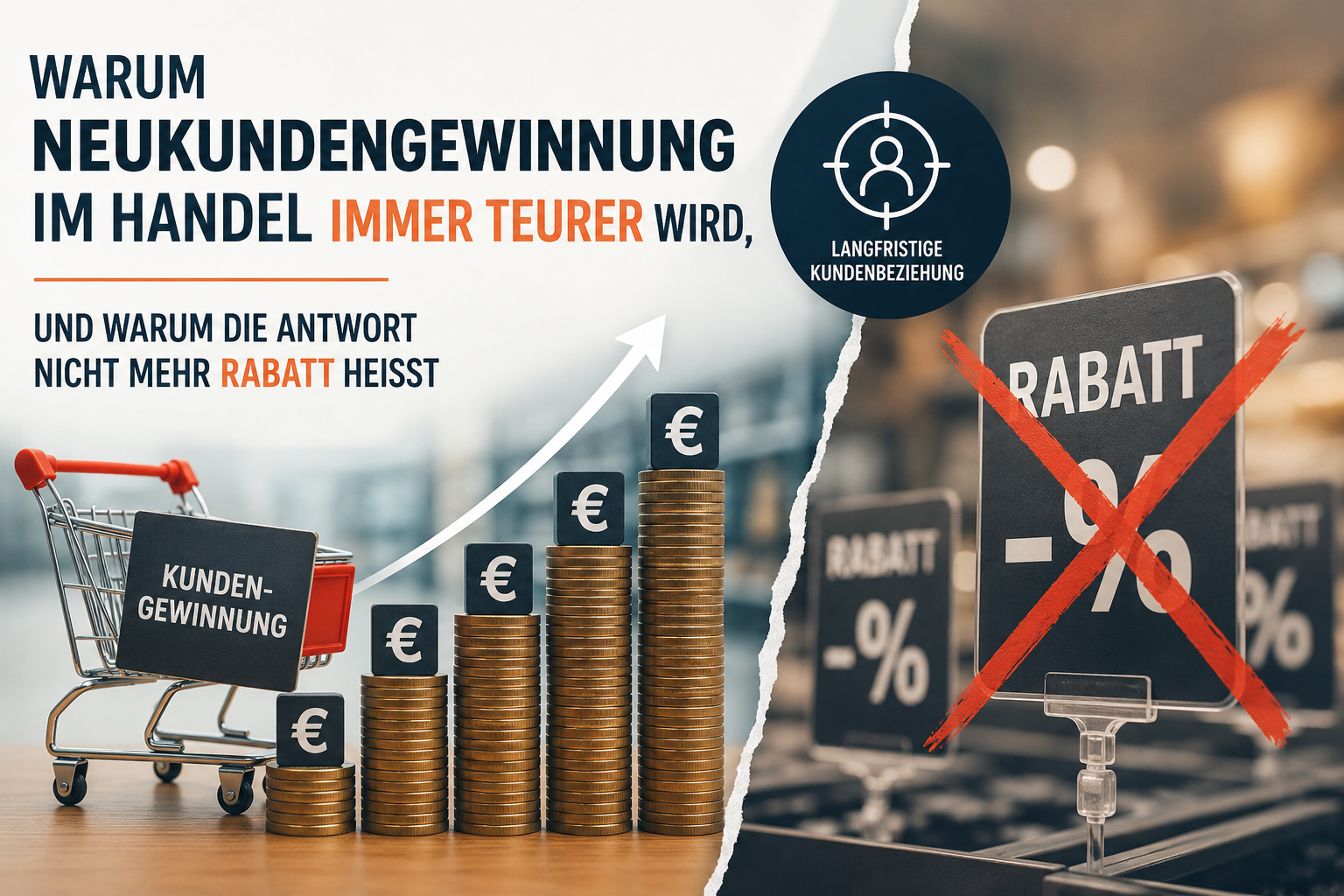 Grafik zur steigenden Neukundengewinnung im stationären Handel: Ein Einkaufswagen und ansteigende Kosten stehen einem durchgestrichenen Rabattschild gegenüber und verdeutlichen, warum Kundenbindung wichtiger wird als Preisnachlässe.