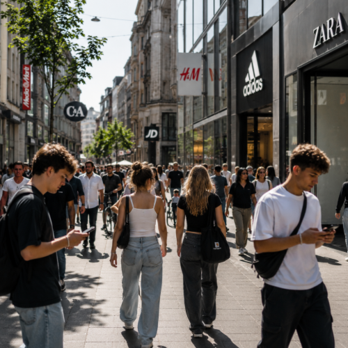 Junge Menschen in Einkaufsstraße schauen auf Handys – Stores im Hintergrund