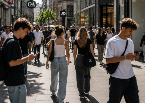Junge Menschen gehen durch eine belebte Einkaufsstraße und schauen auf ihr Smartphone, während sie an Ladengeschäften vorbeilaufen.