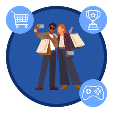 Illustration eines Paares beim Einkaufen mit Smartphone, symbolisch für die Retail-Gaming-Solution-Plattform, die Handel und Gaming verbindet.