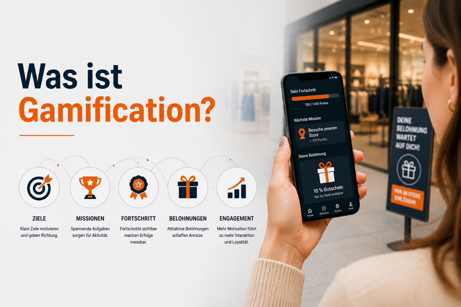Illustration von Gamification im Einzelhandel mit Smartphone, Missionen, Fortschrittsanzeige und Belohnungen zur Förderung von Motivation und Kundenbindung.