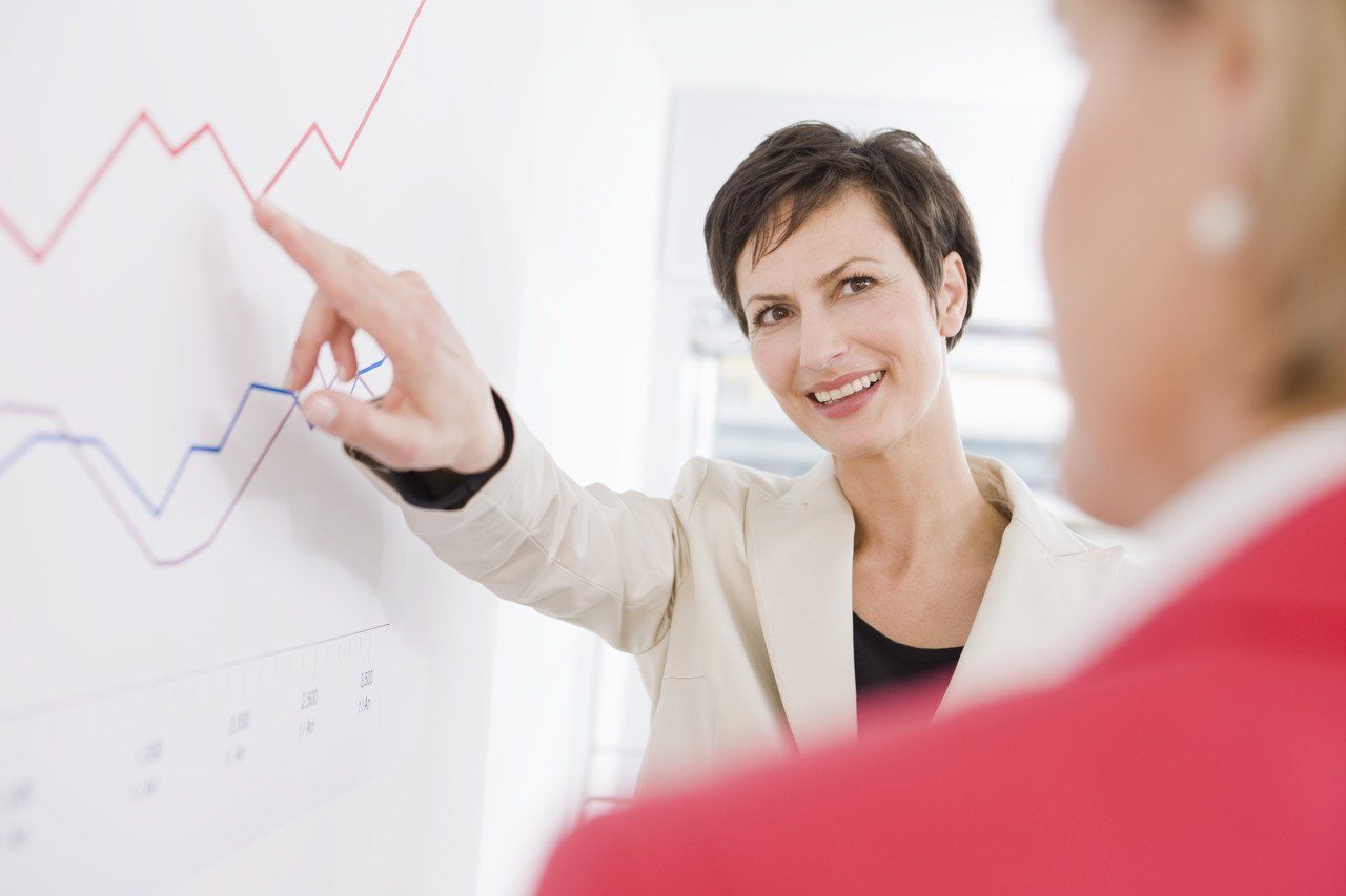 A teacher is pointing at a graph on a wall, infromt of her student.