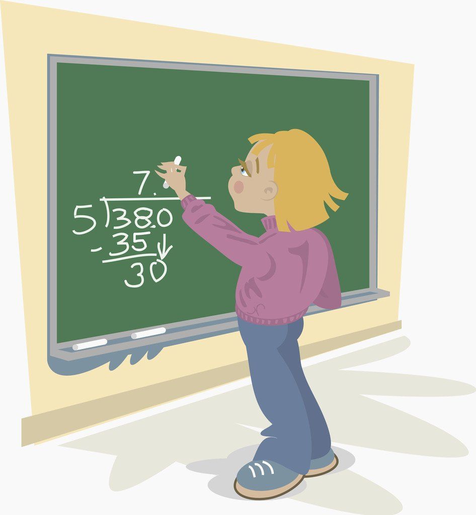 Graphic of a young, blonde boy working out a mathematics problem on a green board.