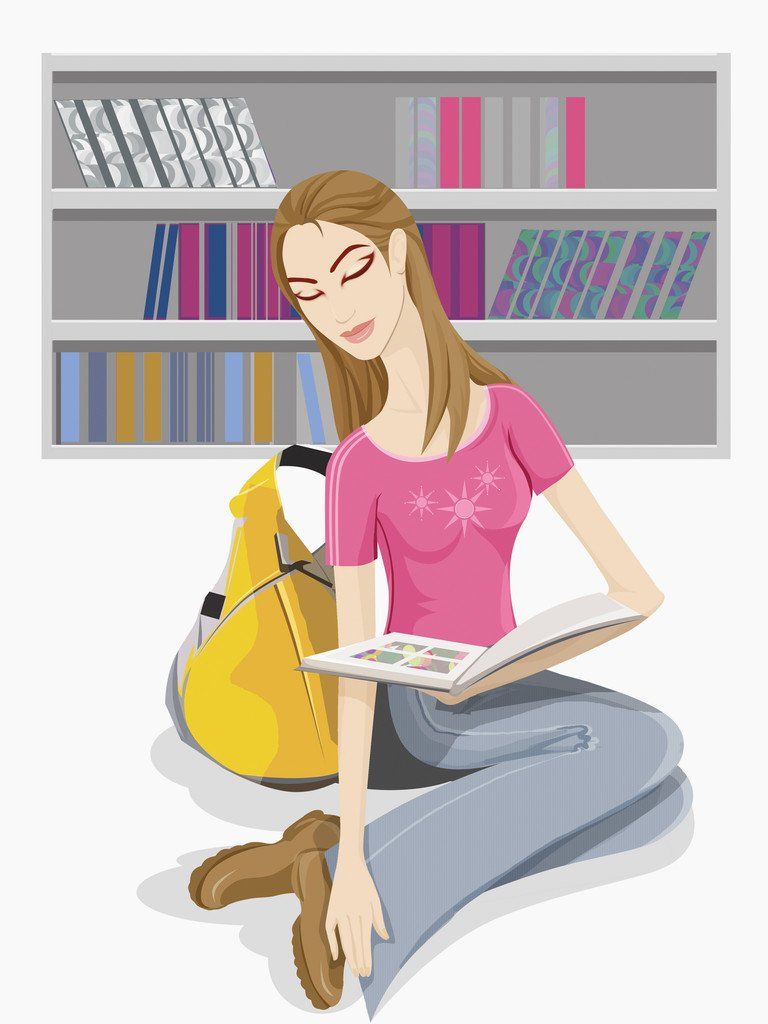 Image of a woman sat on the floor reading from a book, with book shelves behind her.
