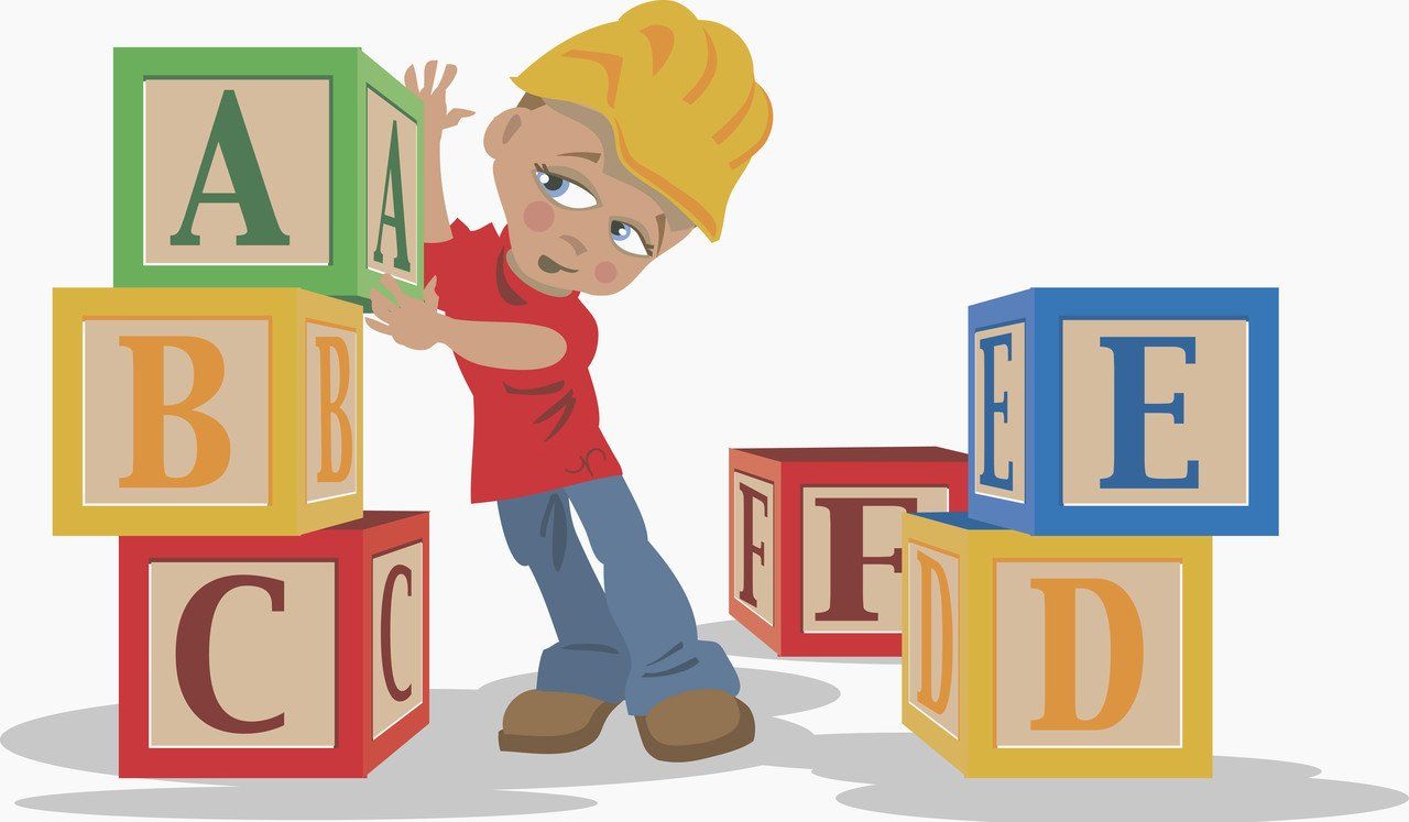Cartoon character boy holding up three blocks with the letters A, B, and C inscribed on the blocks.