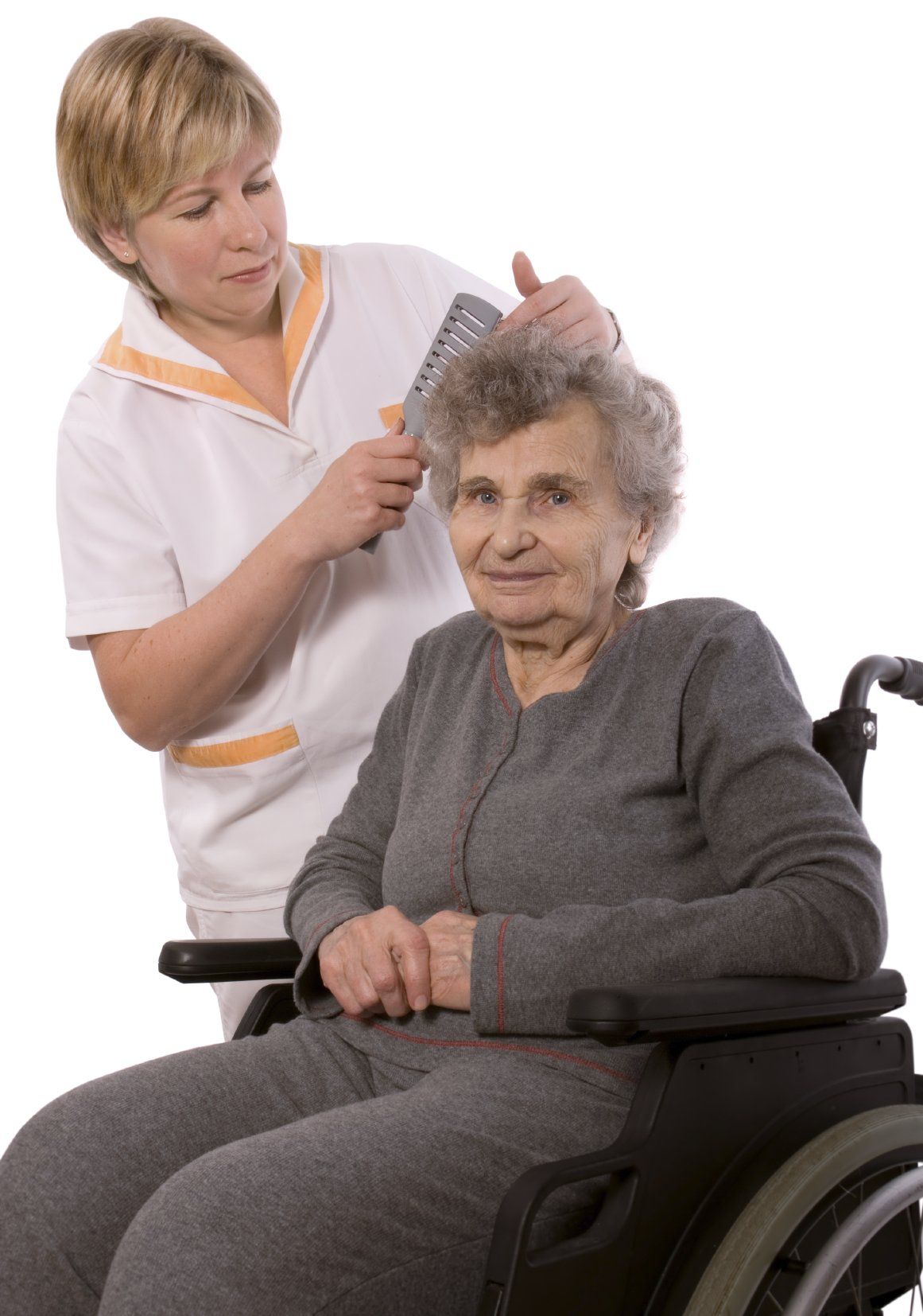 Pflegekraft. Senioren. Pflegebedürftig.  Pflege. Rollstuhl, Pflegehelfer, Grundpflege, Hilfe Unterstützung im Alltag, Haare kämmen,, anziehen, Essen zubereiten.