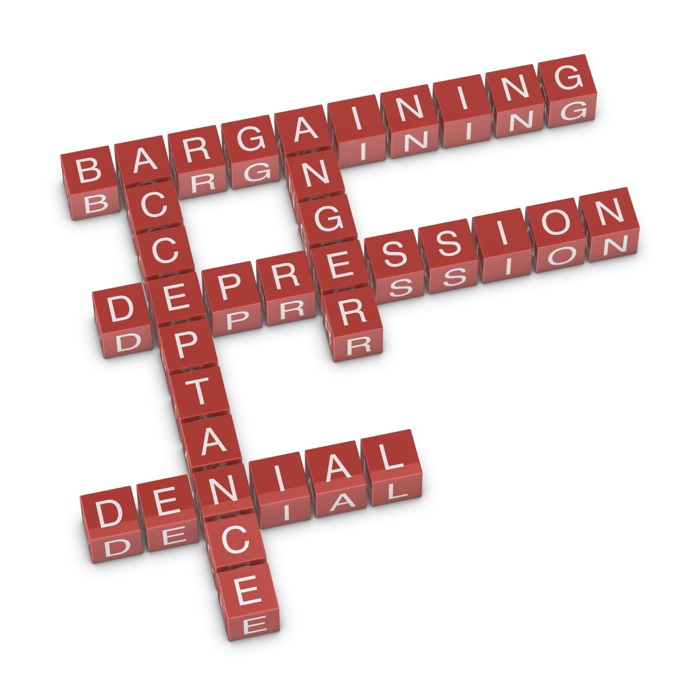 Letter cubes spelling: depression, denial, anger, bargaining, acceptance