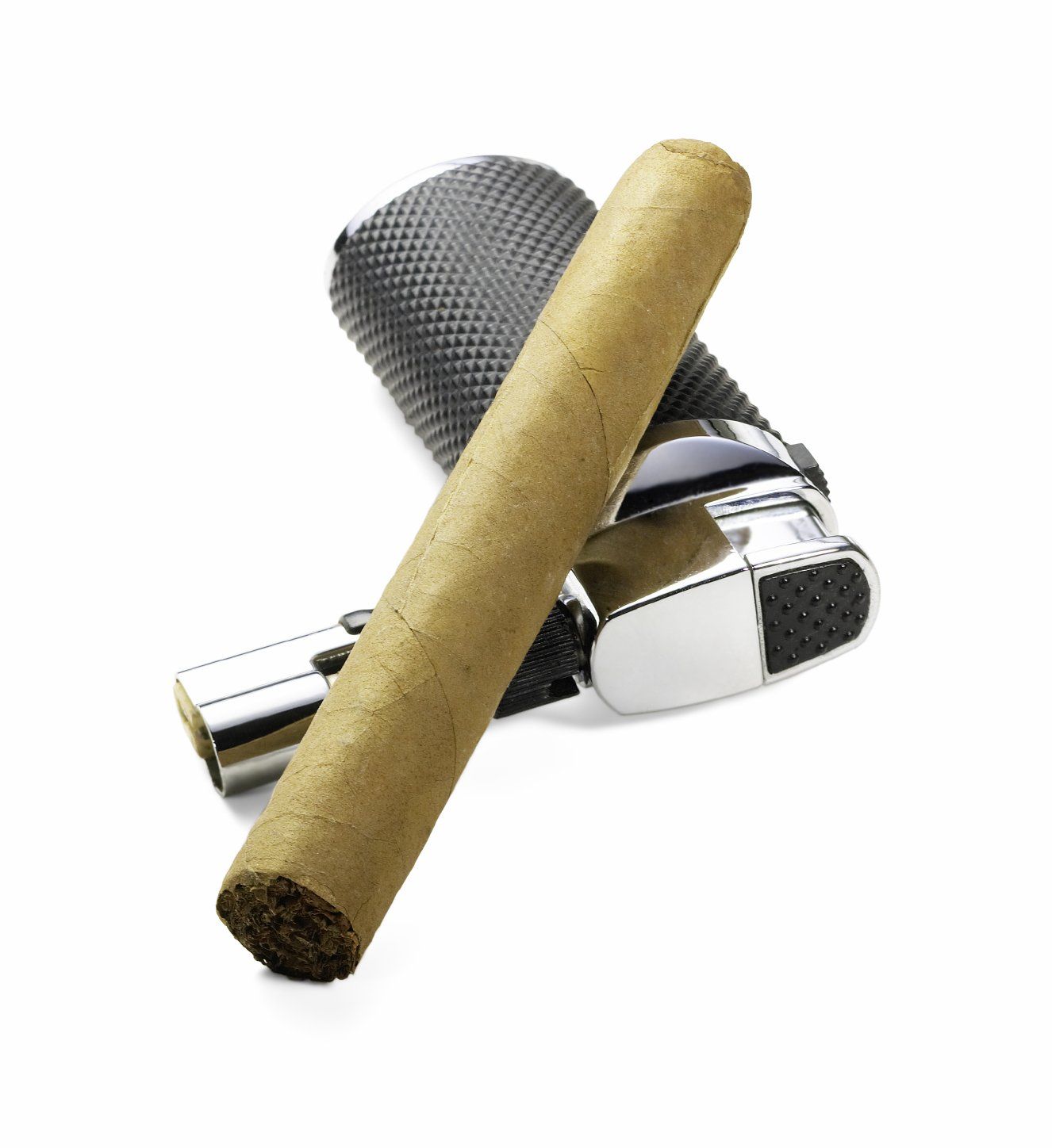 A cigar resting on a cigarette lighter.