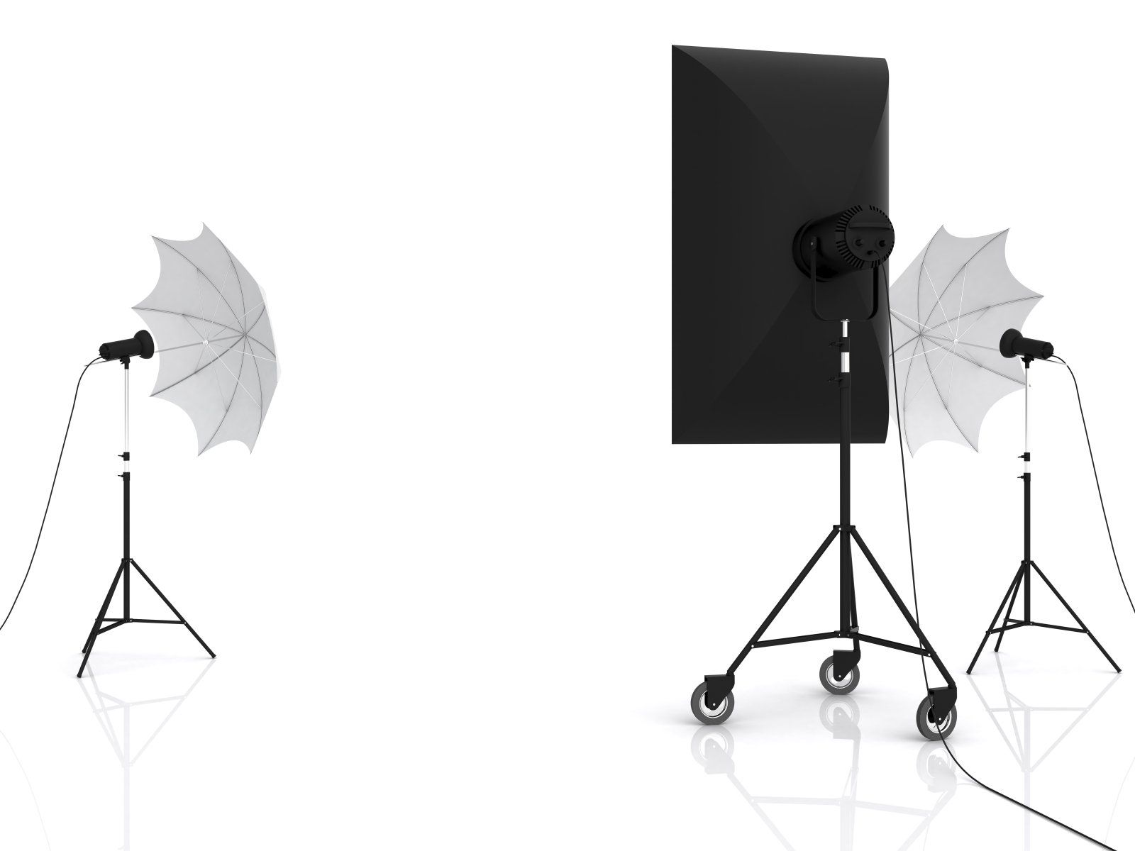 Two studio umbrella lights and reflector in photo studio