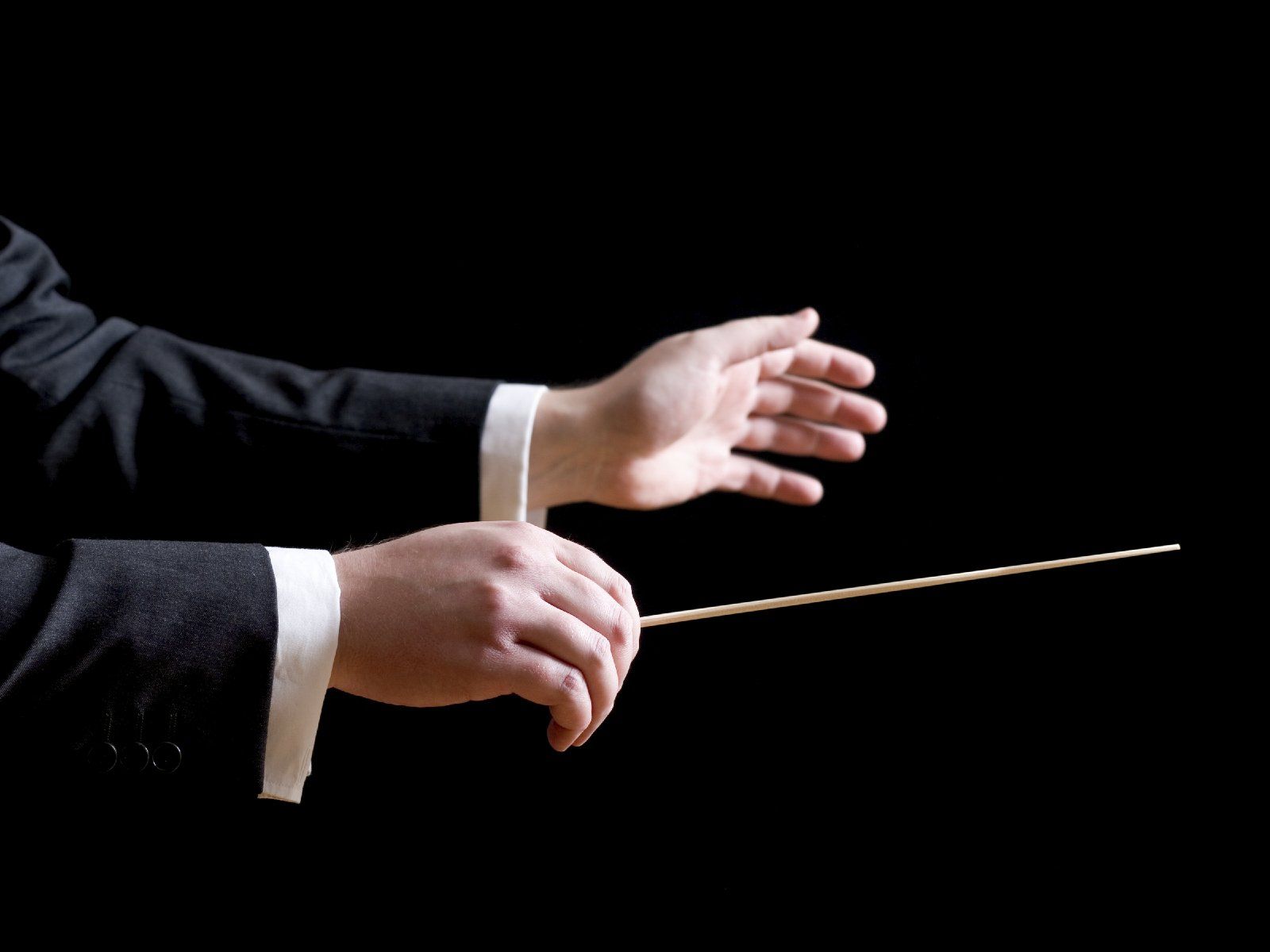The two hands of a musical conductor with baton, against a black background