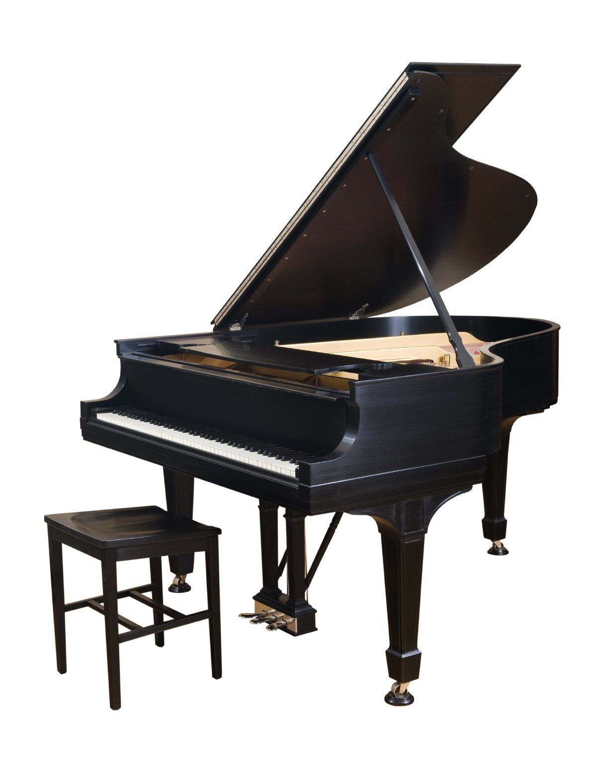 Open, black grand piano and stool
