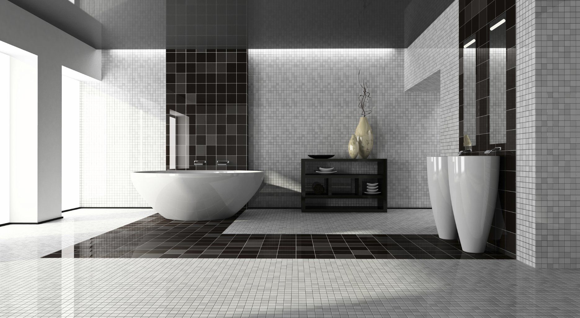 black and white tile floor and walls in a bathroom