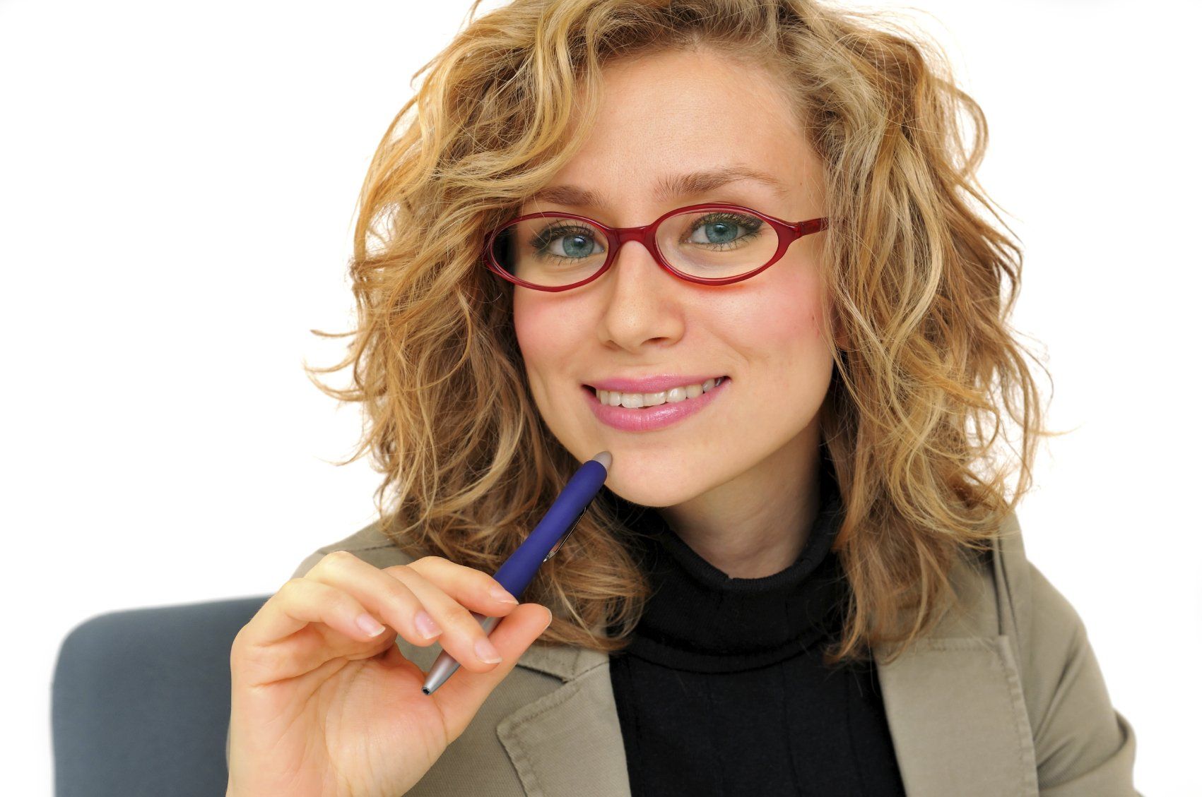 Commit to Lifelong Learning. A lady in a business suit and wearing glasses, holding a blue pen against her chin.