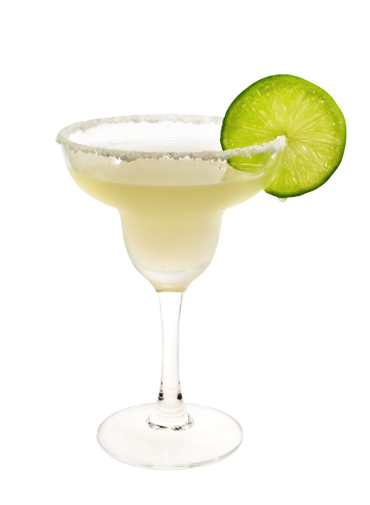 A beautiful glass of Margarita, with salt and lime slice on the rim.