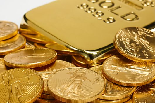 Image of gold coins and gold billions for loan or sale