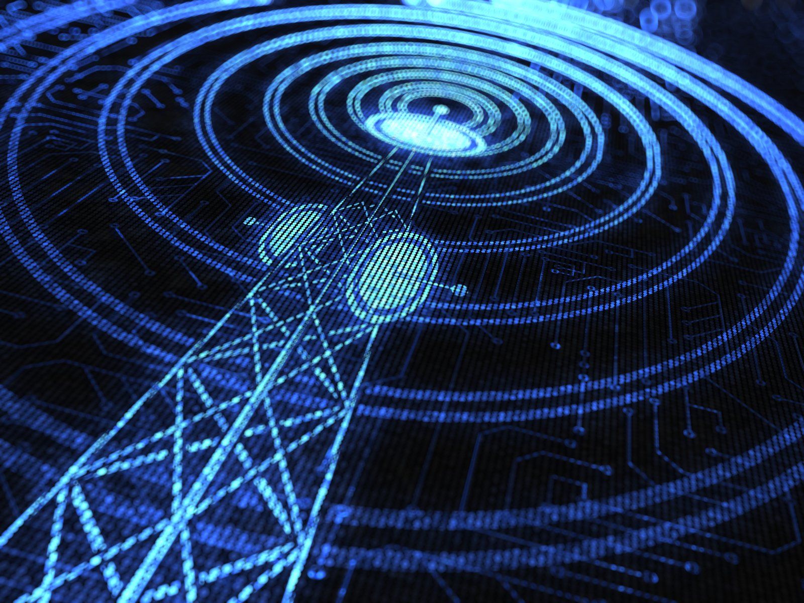 A graphic of a communications tower with emf rays radiating from its transmitters