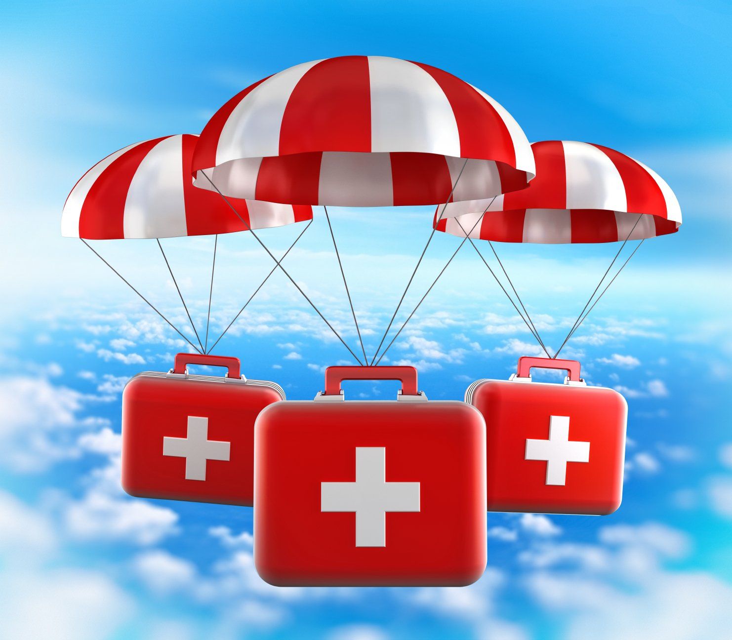 About us page. Image shows three parachutes carrying first aid kits