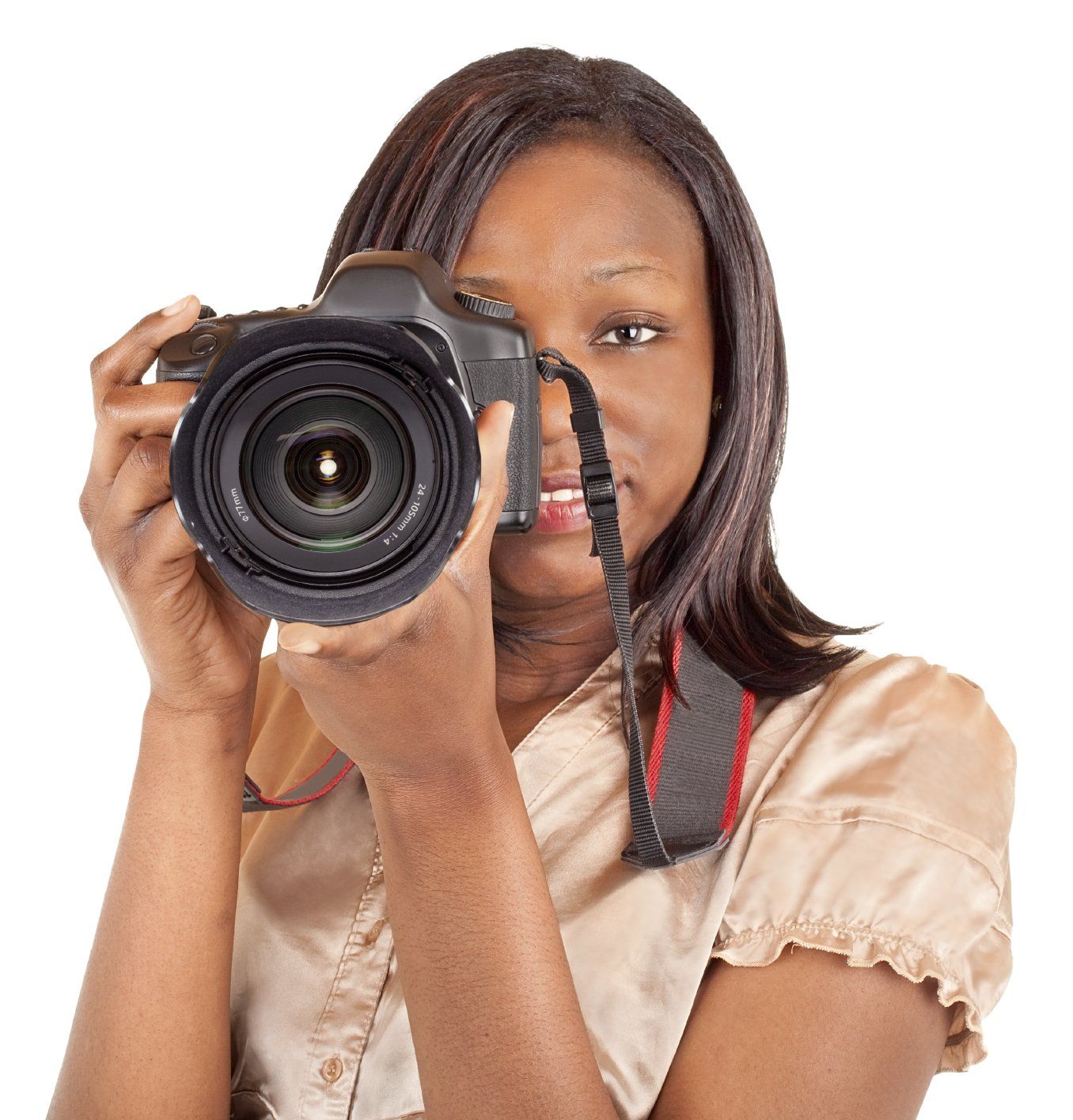 Young, black woman taking a photo with an SLR camera.