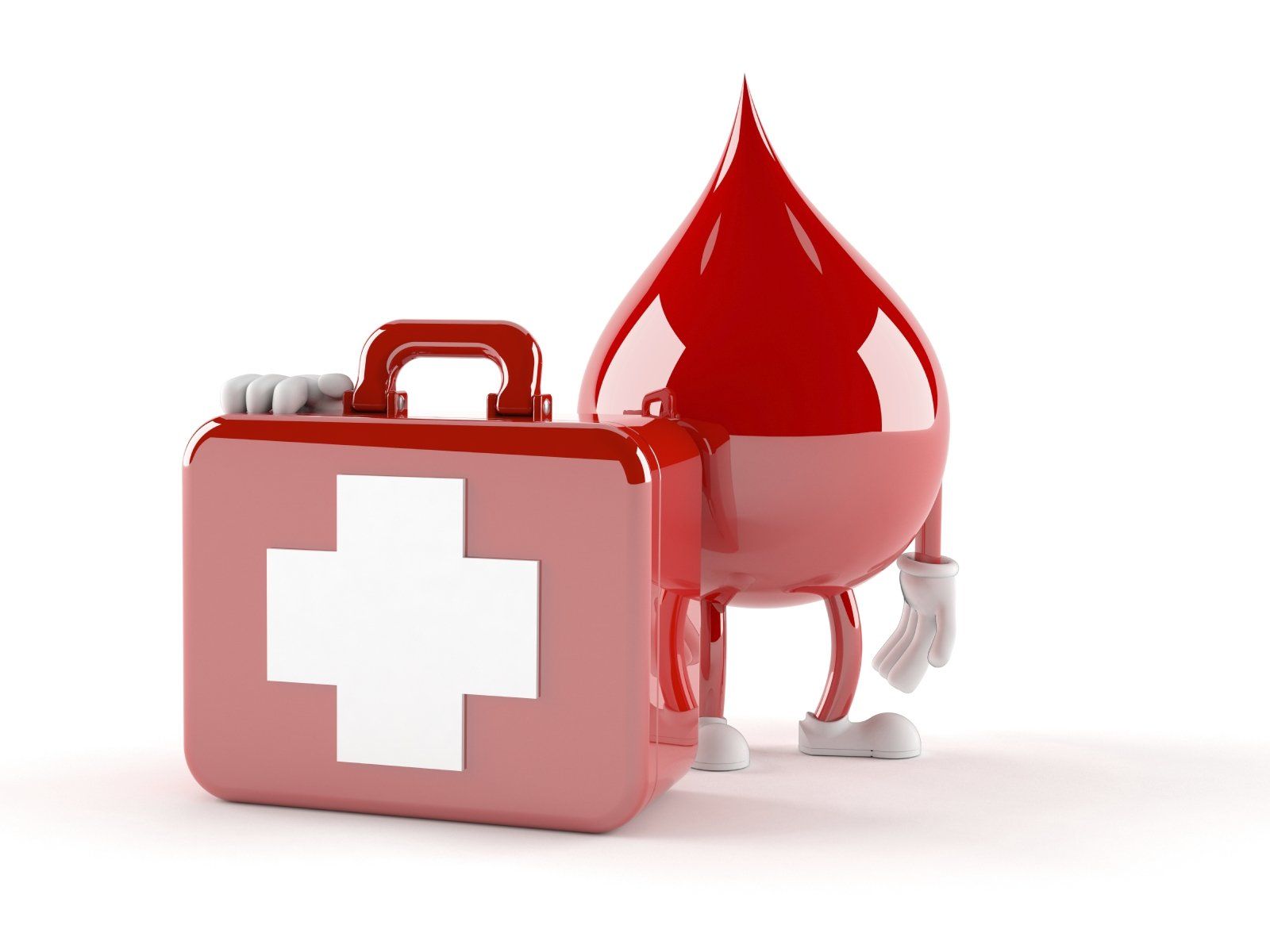 A 3D illustration of a red blood drop figure with a first aid kit after a 
