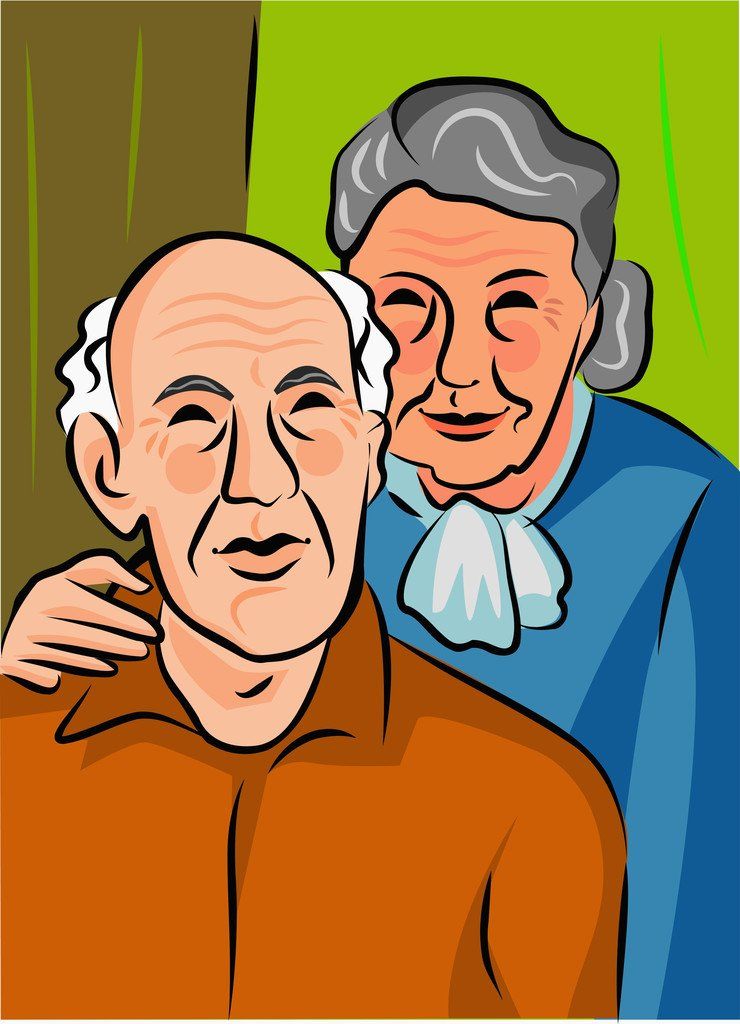 A painting of an elderly couple posing for a photograph.