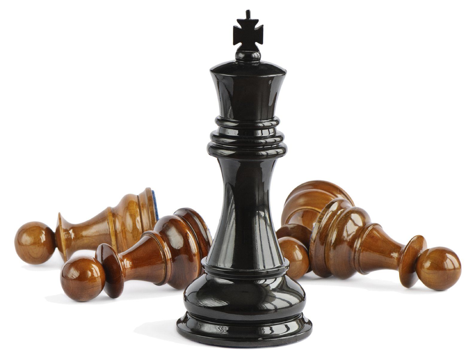 Five chess pieces against a white background.