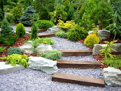 Landschaftlich gestalteter Gartenweg mit Steinstufen, Kies und grünen Sträuchern, der von Felsen eingefasst ist