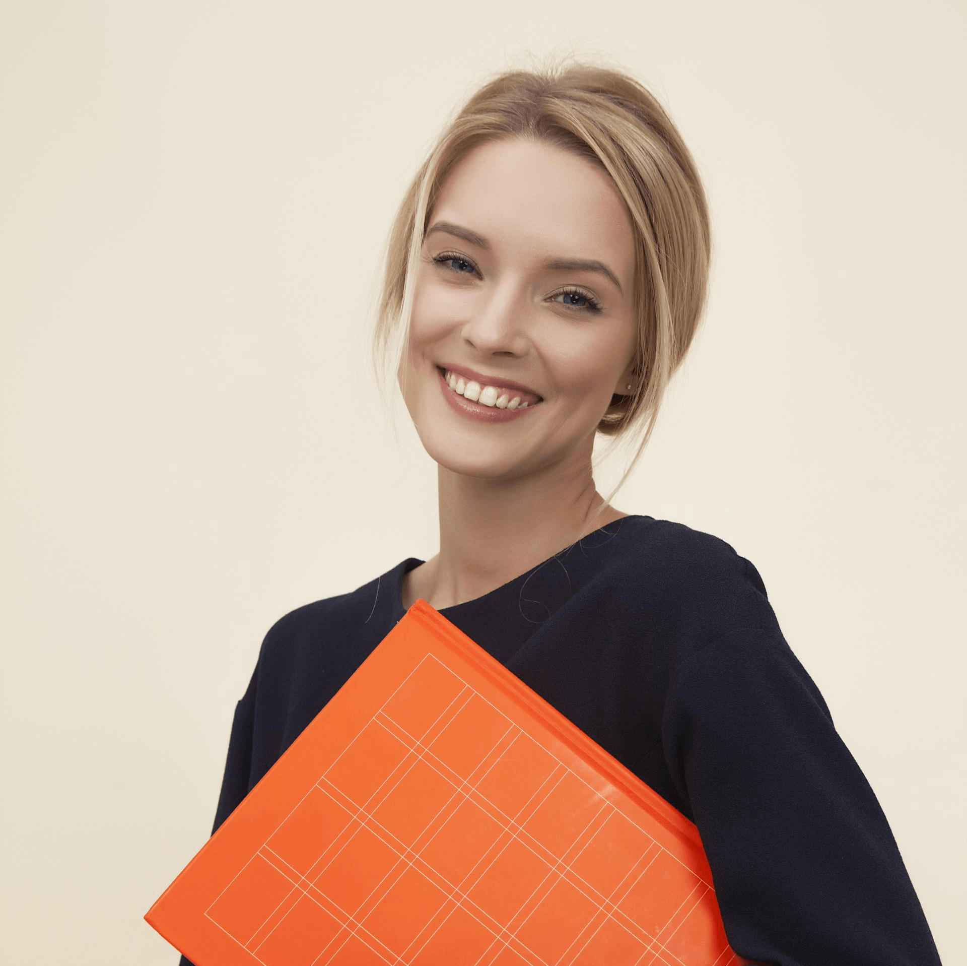 Smiling Woman Holding Orange Folder