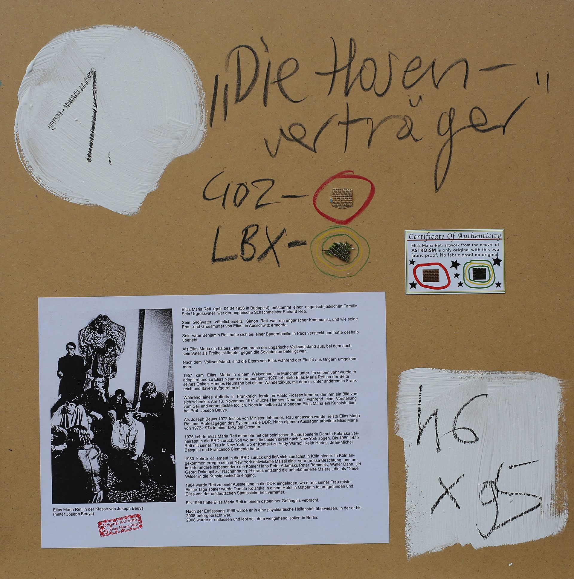 Rückseite des Gemäldes „Hosenverträger Nr. 1“ von Elias Maria Reti, 1982 Rückseite des Gemäldes „Hosenverträger Nr. 1“ von Elias Maria Reti, 1982