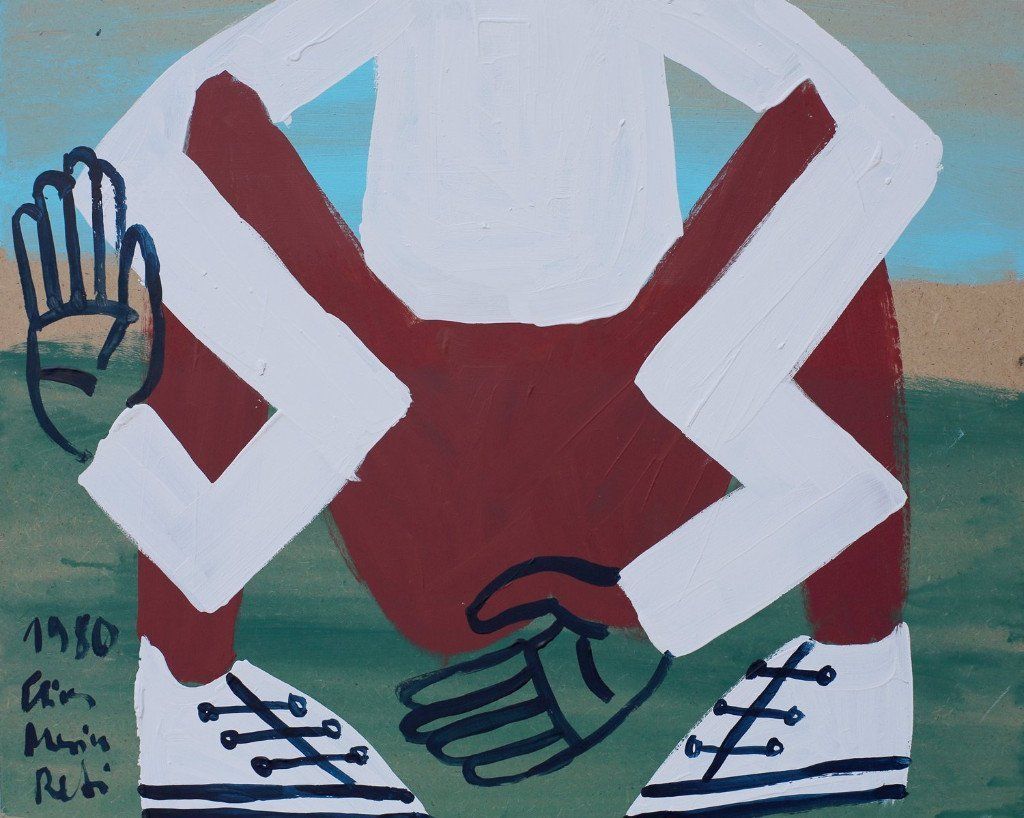 Bild oben aus dem Originalismus-Oeuvre: „Zwei linke Hände Nr. 64“, Elias Maria Reti, 1980. Acryl auf Holz. 50 cm. x 40 cm.