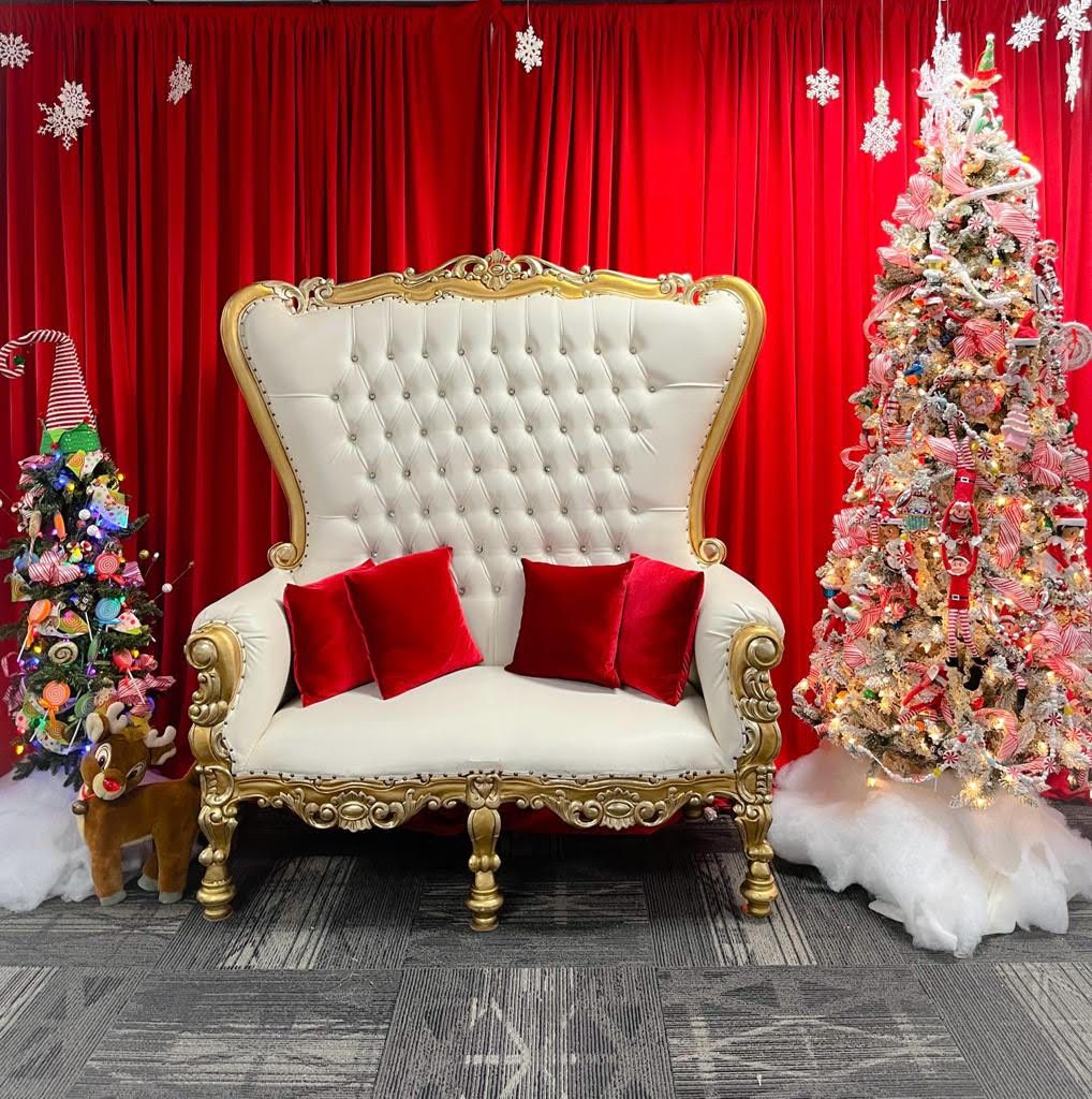 An image of a Santa Chair setup. It has a chair, a small Christmas tree, and a large Christmas tree.